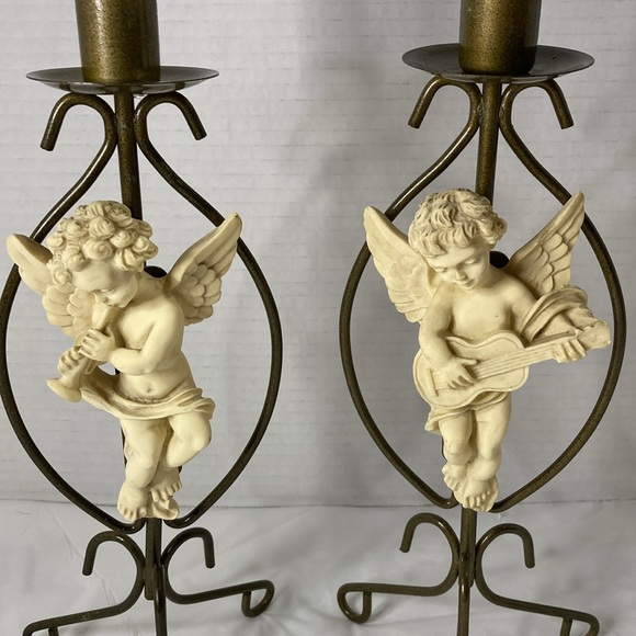 Candle Holders Metal Vintage Resin Cherub Angels Musical Instrument Set of 2 - Picture 9 of 10